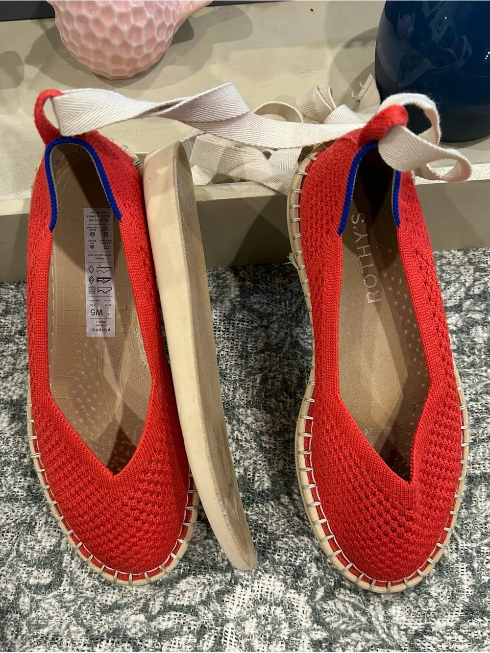 Rothy's Red Espadrille Flats with Cream Ankle Wrap